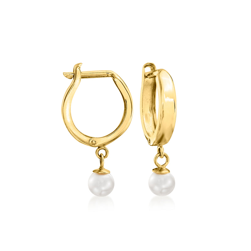 14kt yellow gold huggie hoop earrings with 4-4.5mm cultured pearl drop