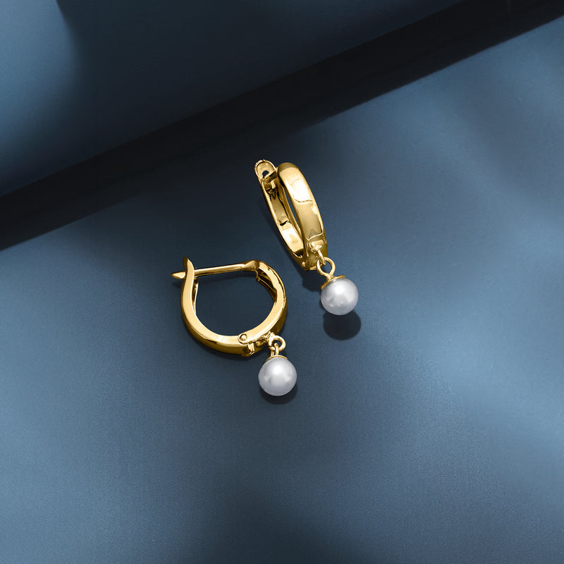 14kt yellow gold huggie hoop earrings with cultured pearl drop charm