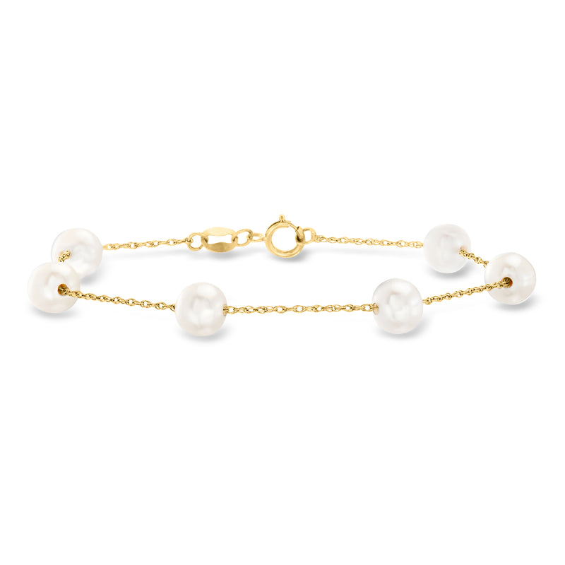 14kt yellow gold station bracelet with six white cultured pearls and round clasp