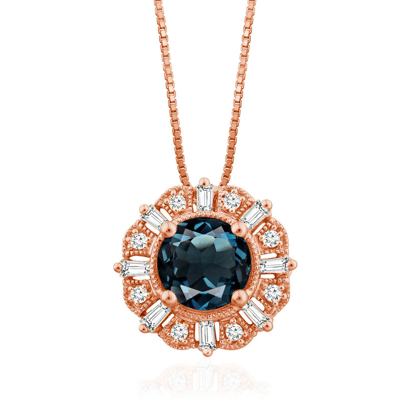 14kt rose gold pendant necklace with oval London blue topaz and diamond halo