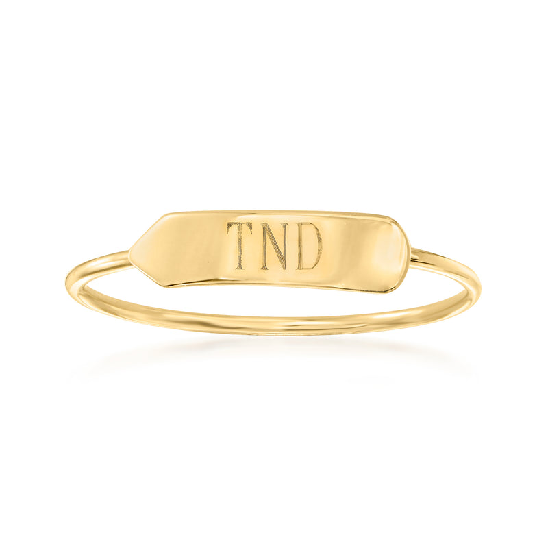 14kt yellow gold three-initial bar ring with TND engraving