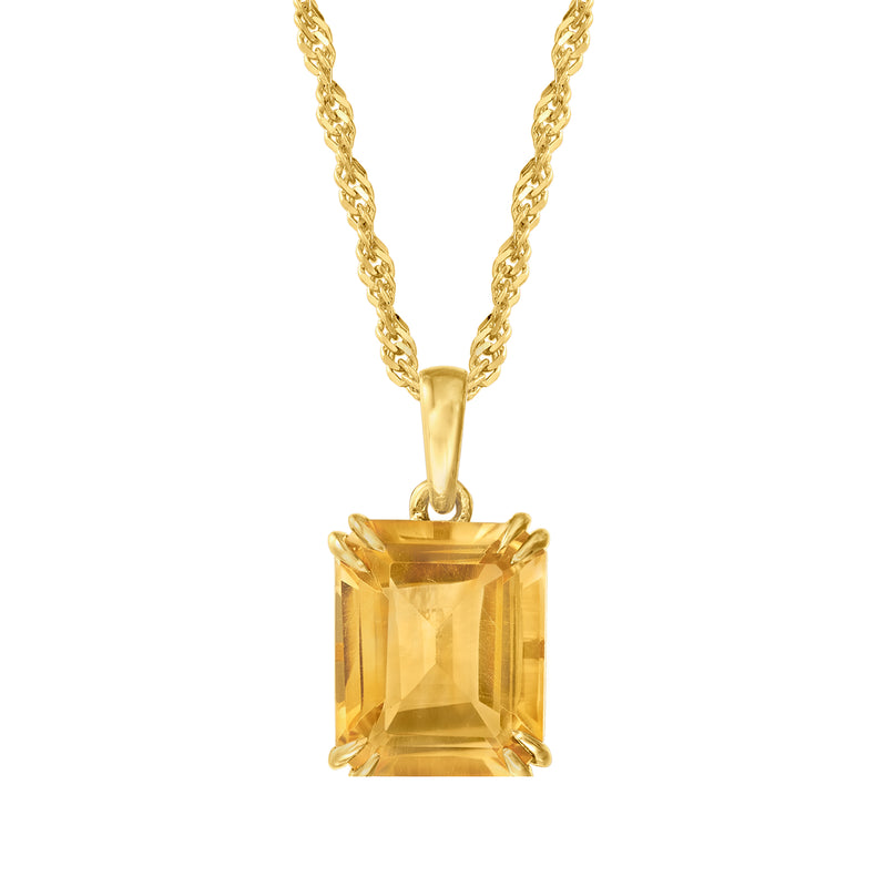 Gold-tone pendant necklace with square citrine-colored gemstone and twisted chain