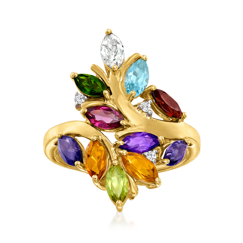 14kt yellow gold leaf ring with oval green, blue, purple, pink, and orange gemstones plus diamonds