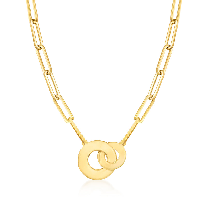 14kt yellow gold paper clip link necklace with interlocking disc clasp