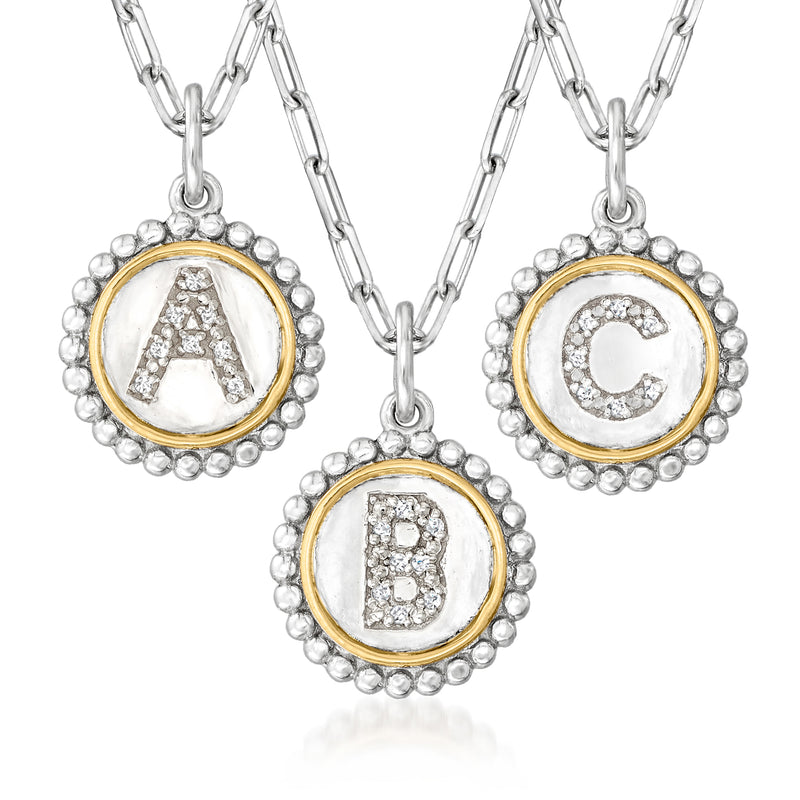 Sterling silver paper clip link necklace with round diamond letter pendants, yellow gold trim