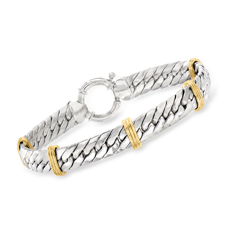 Sterling silver Cuban-link bracelet with yellow gold accents and round clasp