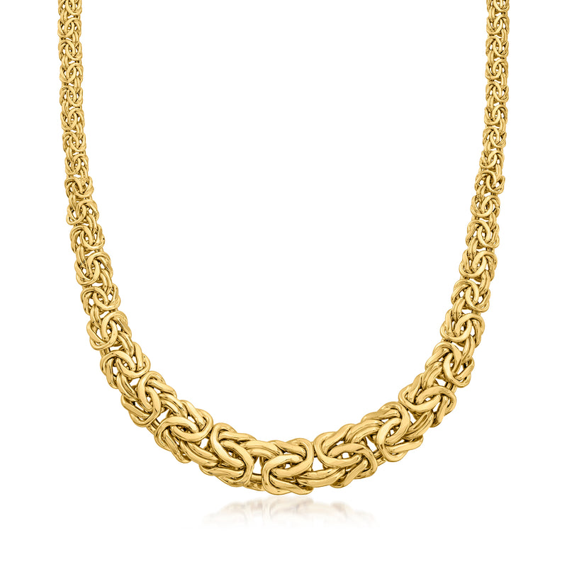 18kt yellow gold graduated Byzantine chain necklace with rounded interlinked links