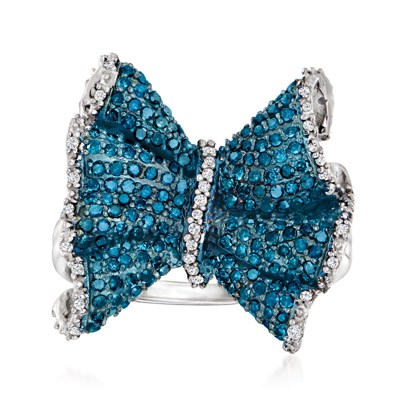Sterling silver bow ring with blue and white diamonds