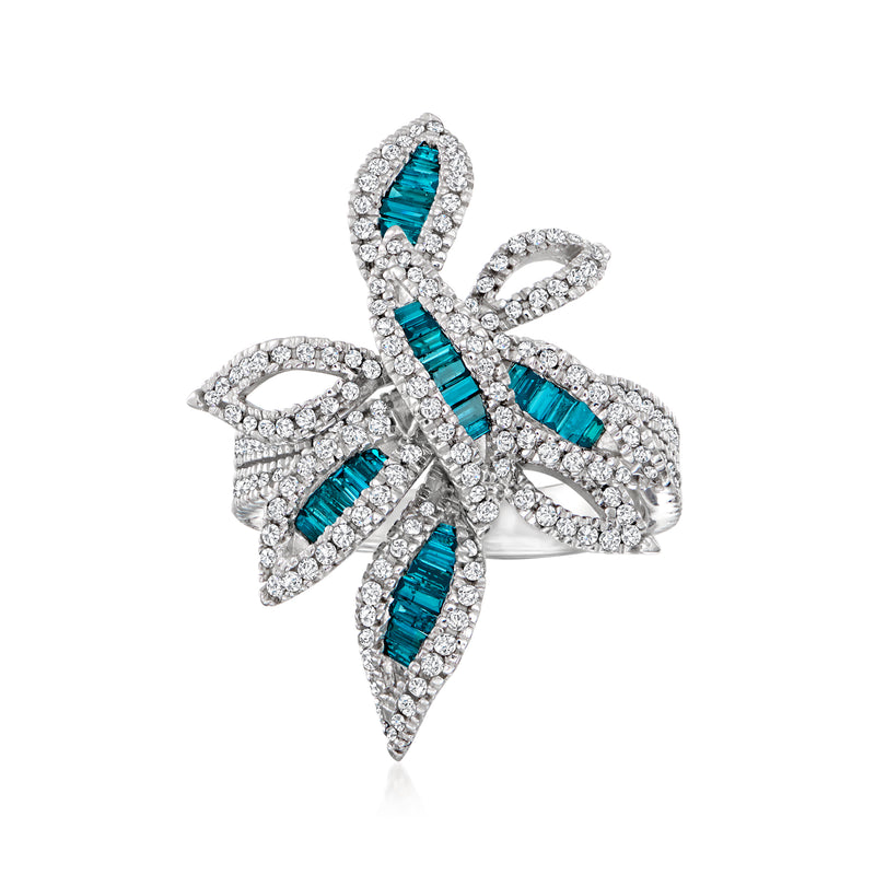 Sterling silver flower ring with white and blue diamond petals