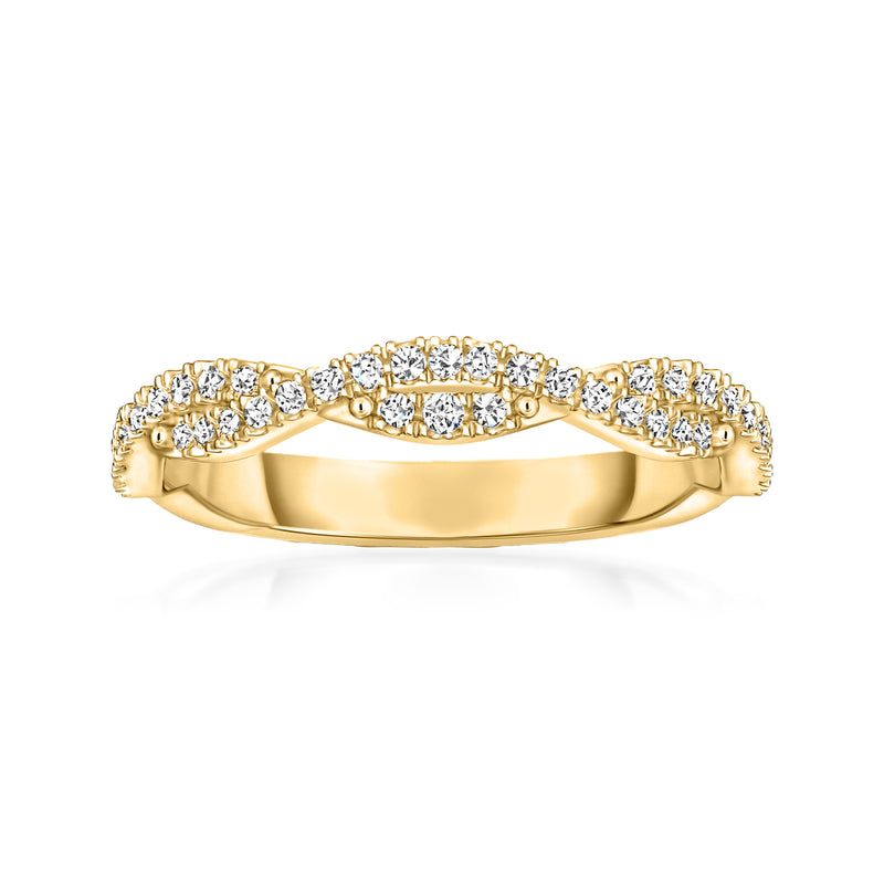 14kt yellow gold twisted diamond stackable ring with round stones along the band