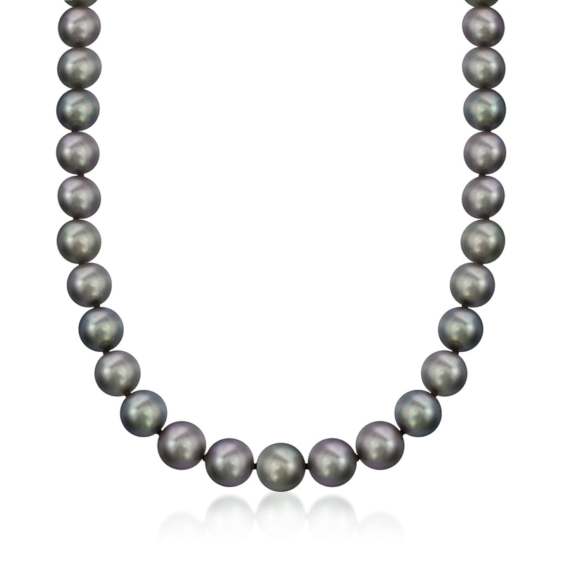 Black cultured Tahitian pearl necklace with 8–10mm round pearls and 14kt white gold links