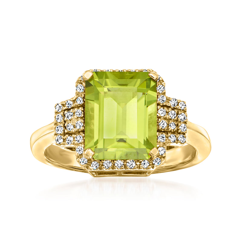 Peridot and diamond ring in 14kt yellow gold with rectangular center stone