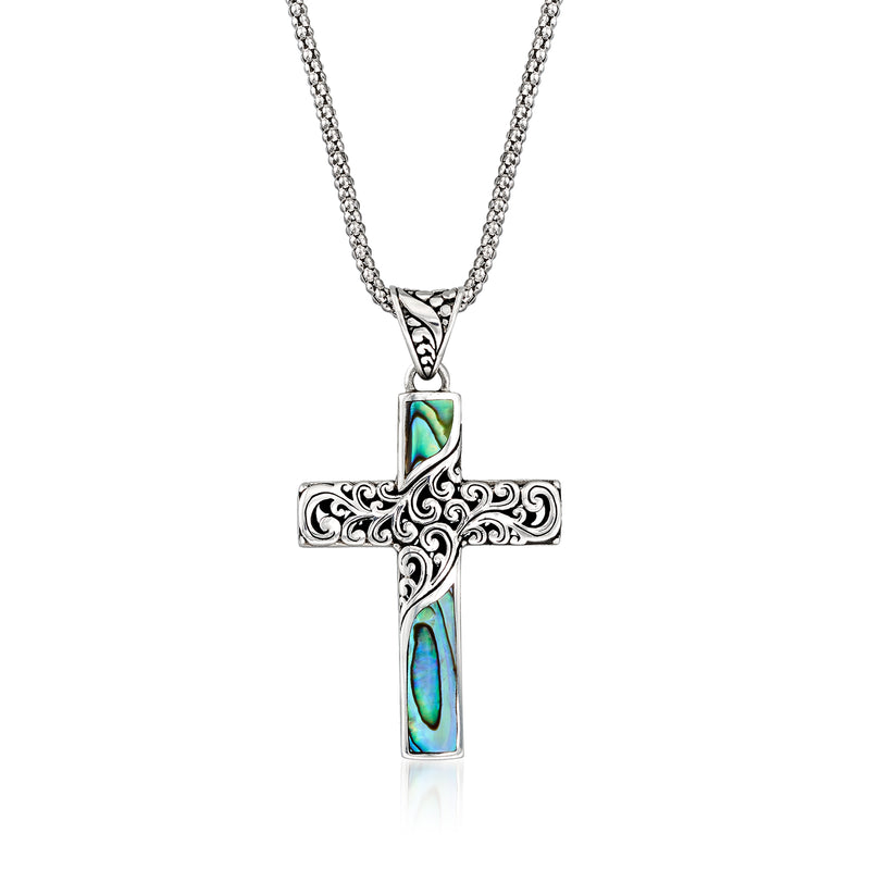 Sterling silver cross pendant necklace with abalone shell inlay