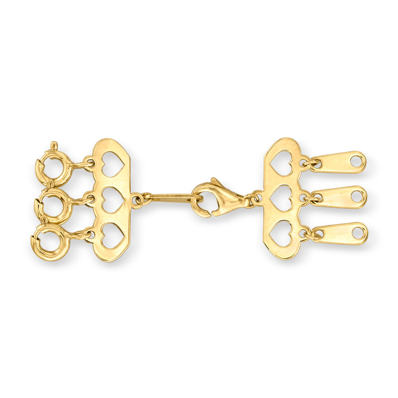14kt yellow gold layering clasp with heart cutout end plates and linked toggle bars