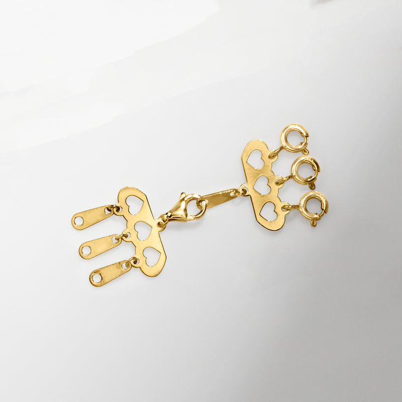 14kt yellow gold layering clasp with heart cutout end plates and connected chain links