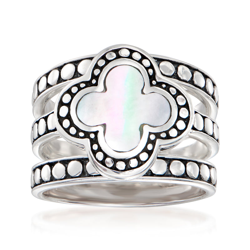 Sterling silver clover ring with mother-of-pearl center, black enamel borders, bead trim