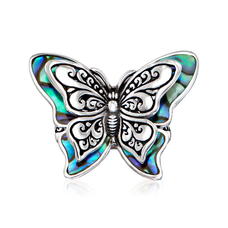 Sterling silver butterfly ring with abalone shell inlay, ornate filigree wings