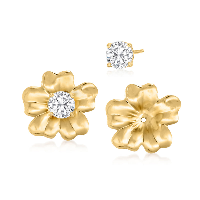 14kt yellow gold diamond stud earrings with flower earring jackets, round stones