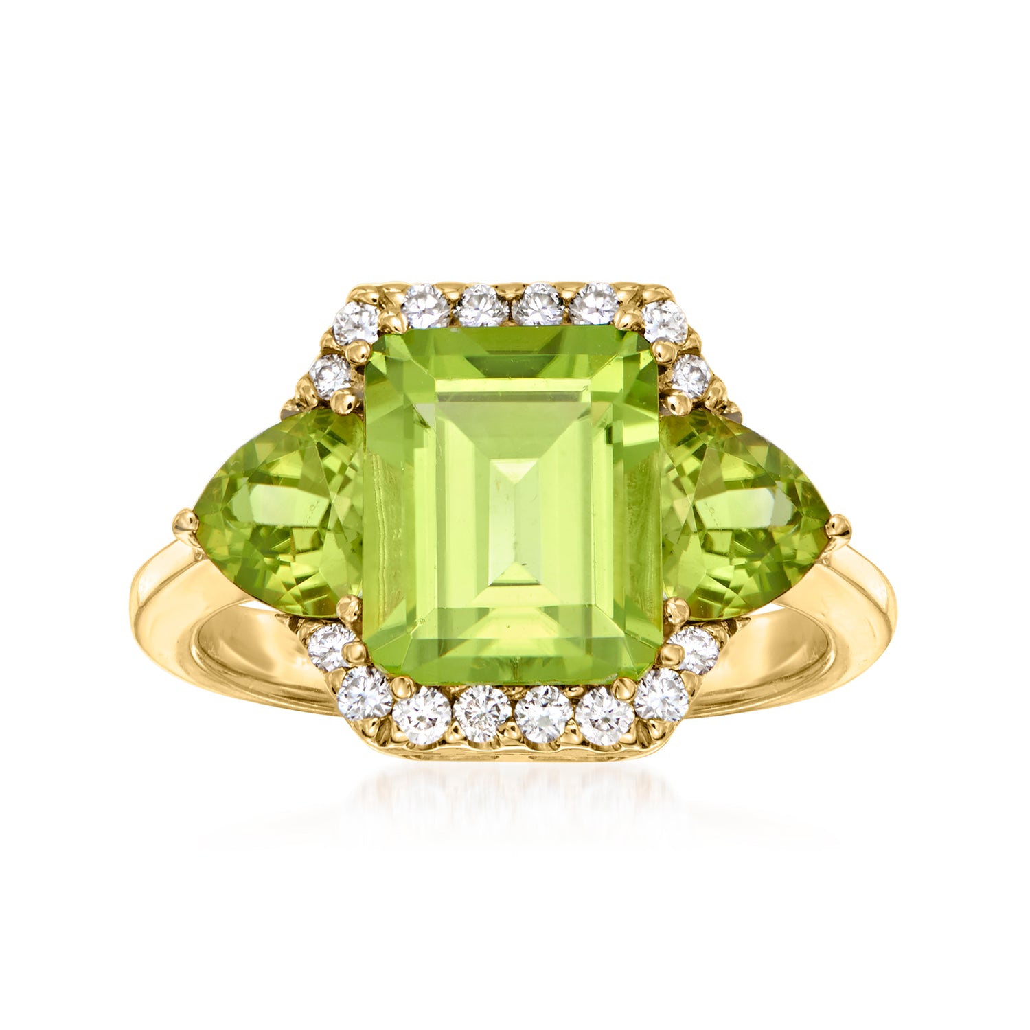 460 ct tw Peridot Ring with 26 ct tw Diamonds in 14kt Yellow Gold