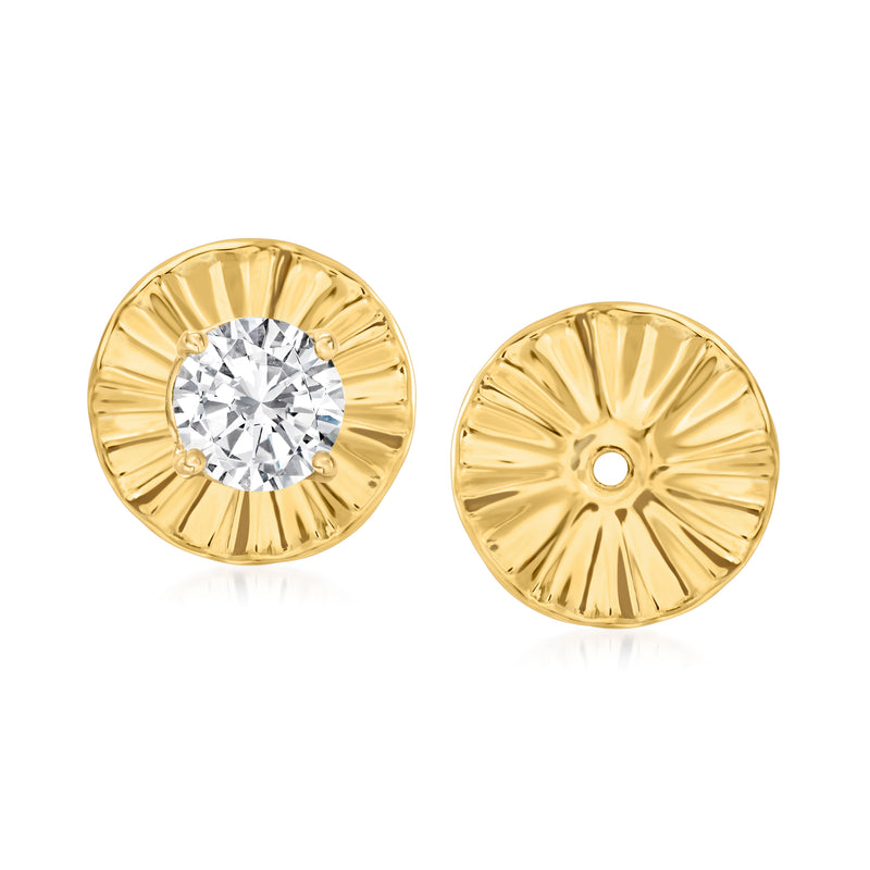 14kt yellow gold sunburst earring jacket with round clear stone, front and back