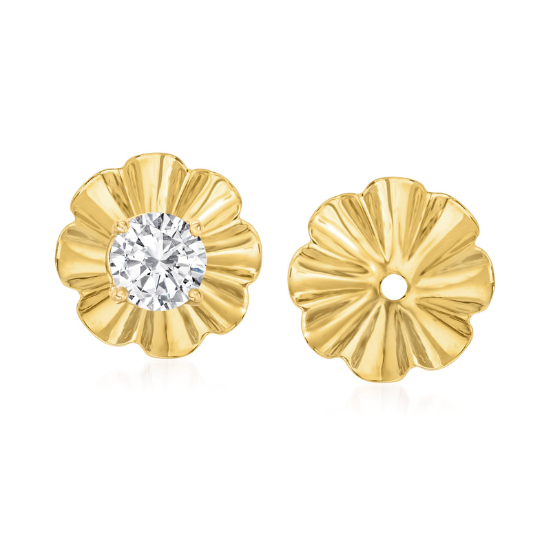 14kt yellow gold floral earring jacket with round clear crystal center