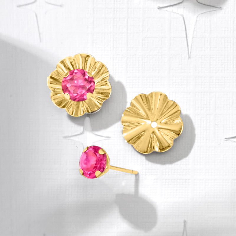 14kt yellow gold floral earring jacket with round pink crystal center