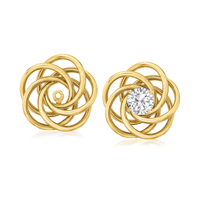 14kt yellow gold love-knot earring jacket with round clear center stone