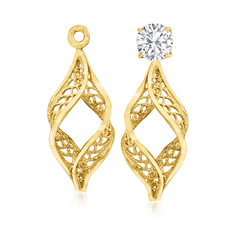 14kt yellow gold filigree earring jacket, teardrop openwork with round clear stone