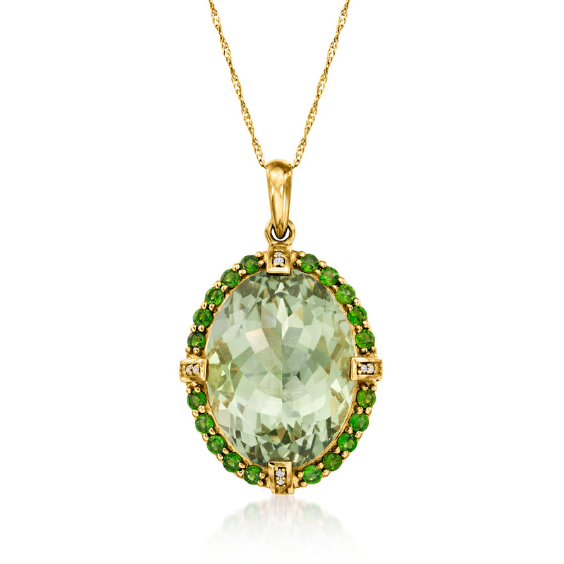 14kt yellow gold oval prasiolite pendant with green gemstone halo and diamond accents