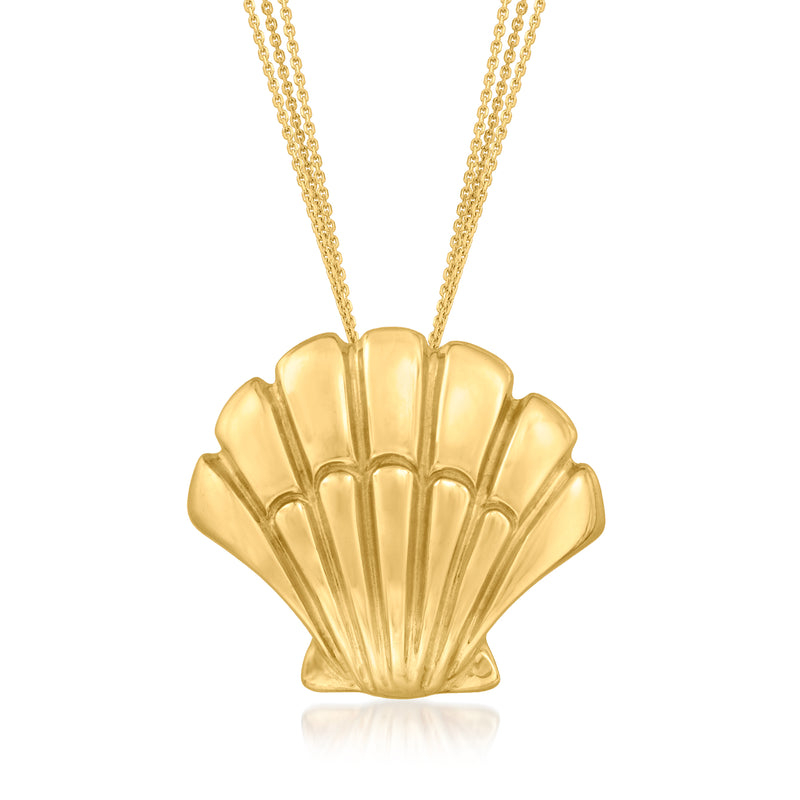 18kt yellow gold three-strand seashell pendant necklace with scalloped shell charm