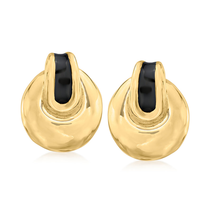 Gold over sterling disc earrings with black enamel teardrop fronts