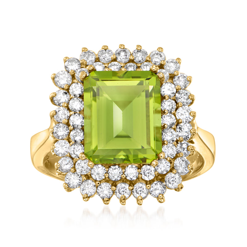 14k yellow gold ring with square green peridot center and round diamond halo