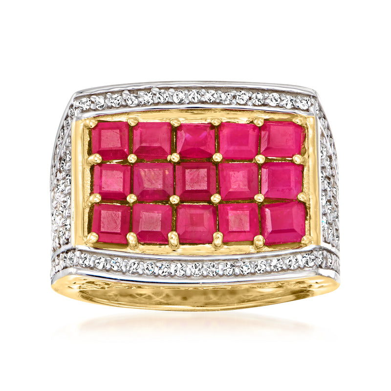 18kt gold over sterling ruby and white zircon square halo ring with prong set stones