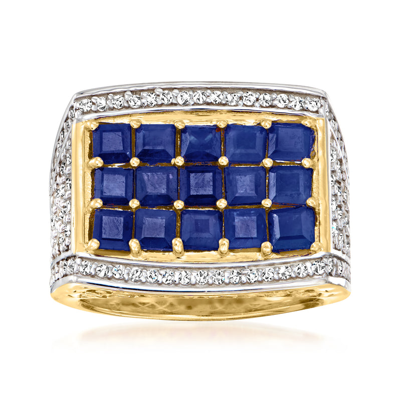 18kt gold over sterling ring with rectangular blue sapphire and white zircon halo