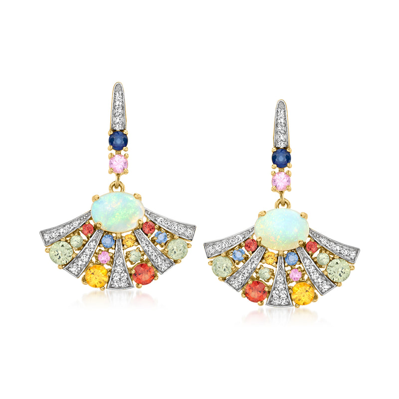 18k gold fan drop earrings with multicolored gemstones and a glowing opal center