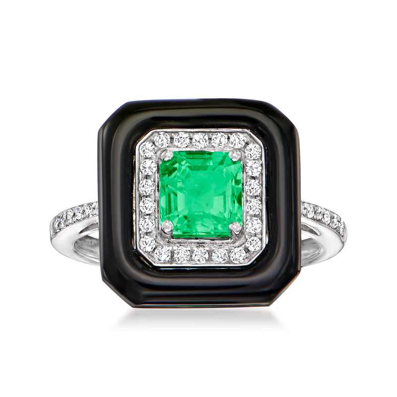 Emerald green gemstone ring with black agate bezel and diamond halo, 18kt white gold