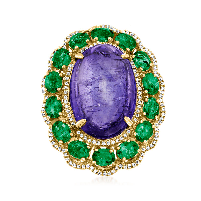 18kt yellow gold ring with oval tanzanite center, green emerald halo, diamond accents