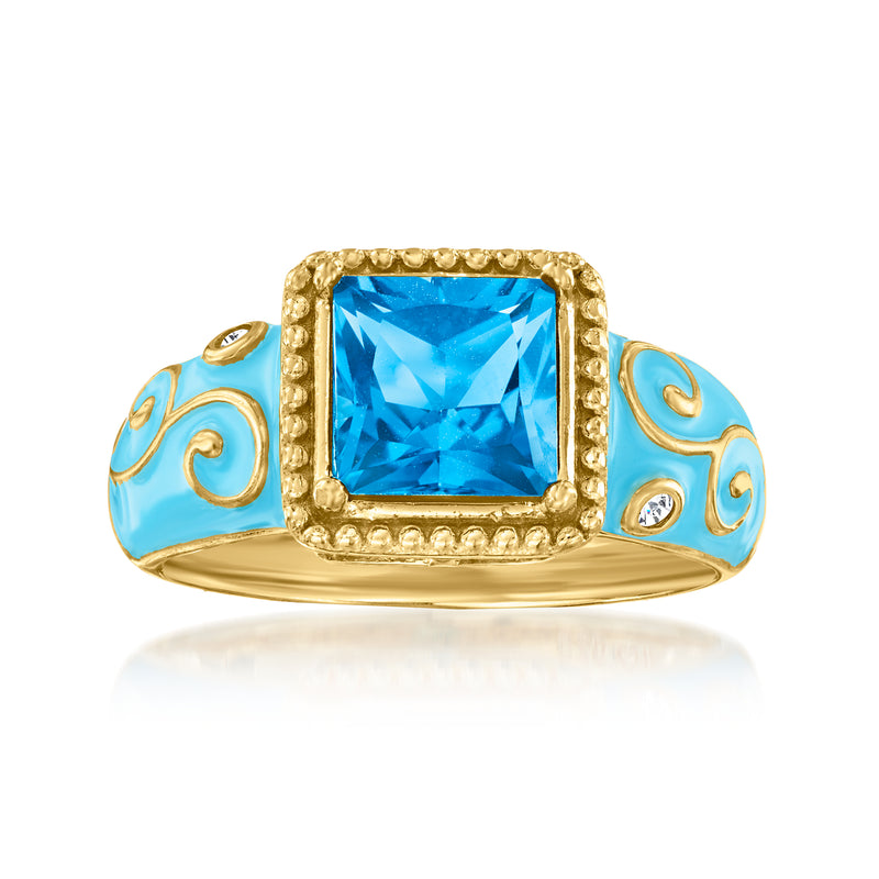 18kt gold-plated ring with blue topaz-style square center and blue enamel swirl sides