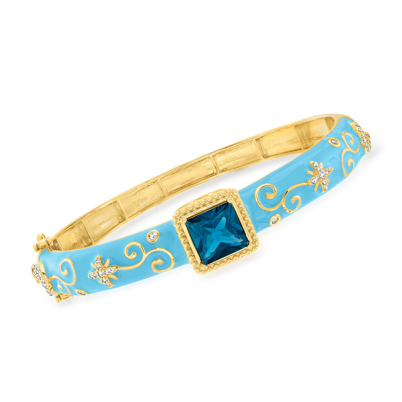 18kt gold over sterling bangle with blue enamel and square London blue topaz center