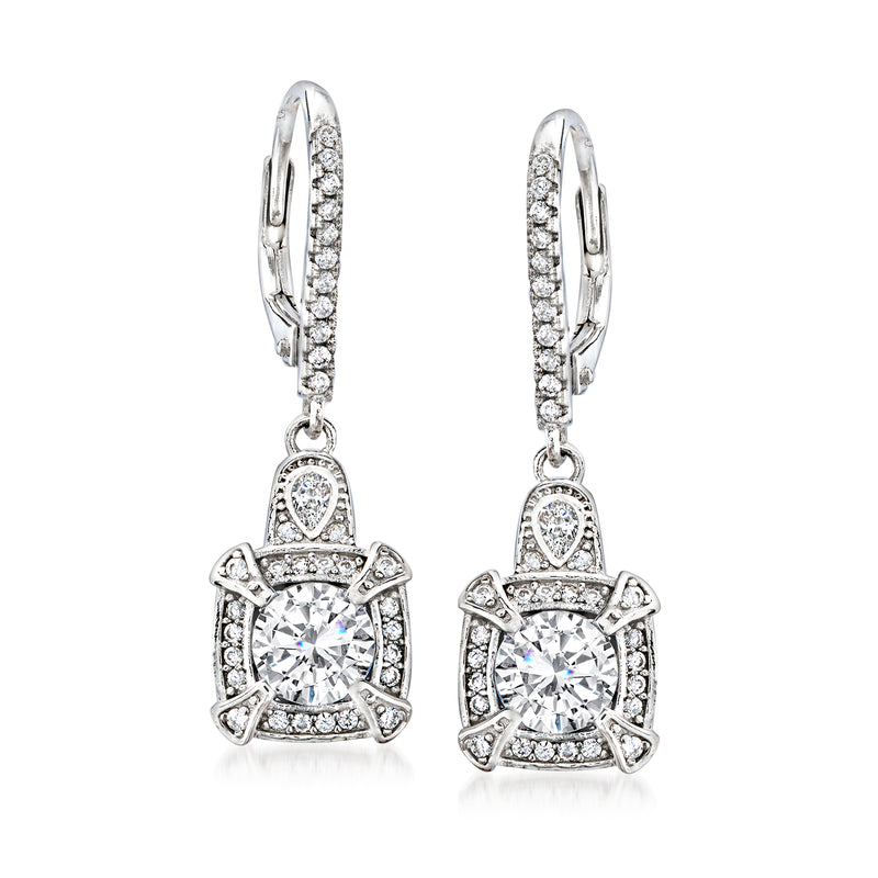 Sterling silver CZ vintage-style leverback drop earrings with square halo and round stones