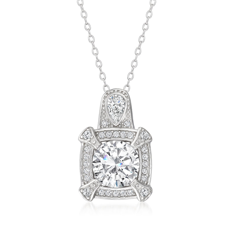 Sterling silver vintage-style pendant necklace with round CZ centerpiece and halo frame