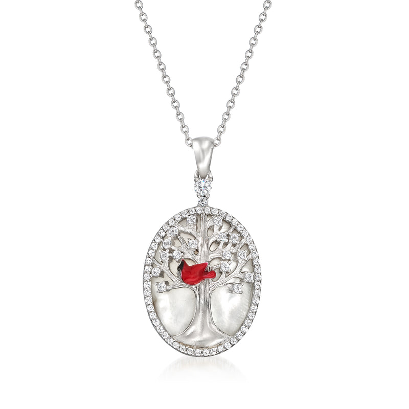 Sterling silver oval pendant necklace with tree of life and red cardinal enamel
