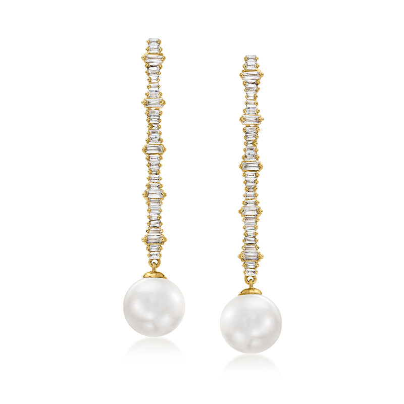 14kt yellow gold drop earrings with diamond line and round cultured pearl dangle