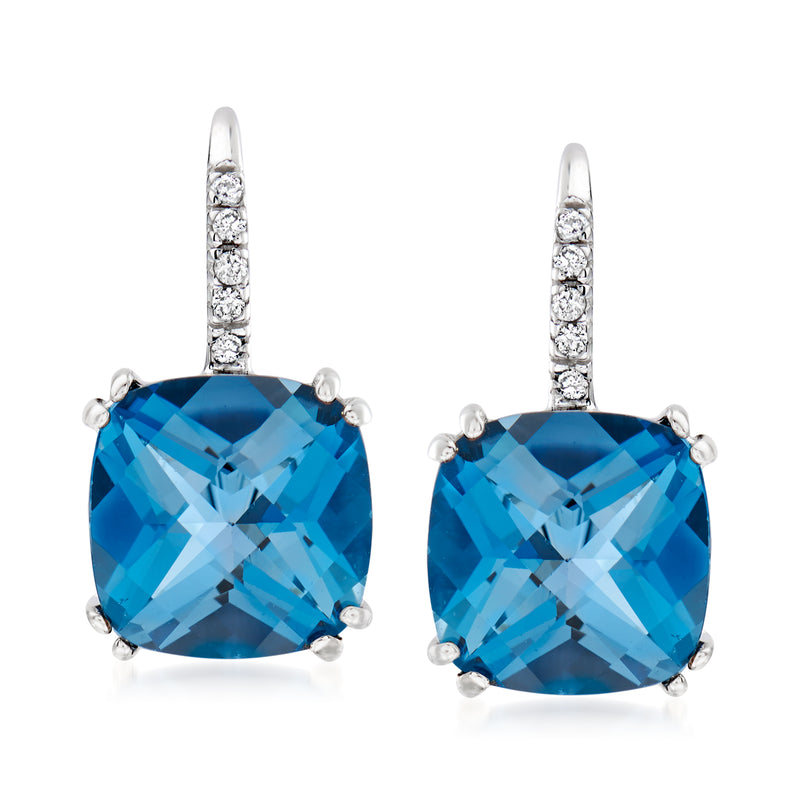 Blue topaz drop earrings with diamond accents, 14kt white gold leverback