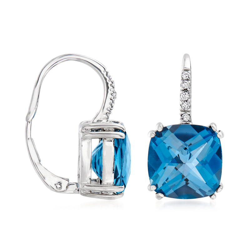 Cushion-cut blue topaz drop earrings with diamond pave, 14kt white gold leverback