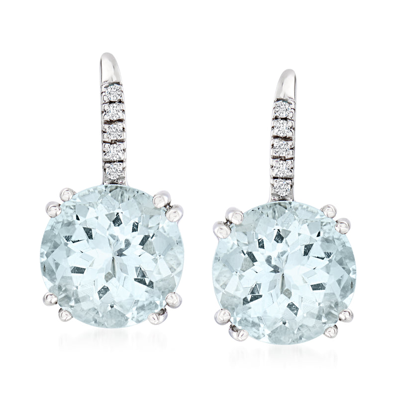 Aquamarine and diamond drop earrings in 14kt white gold, round aquamarine with diamond halo