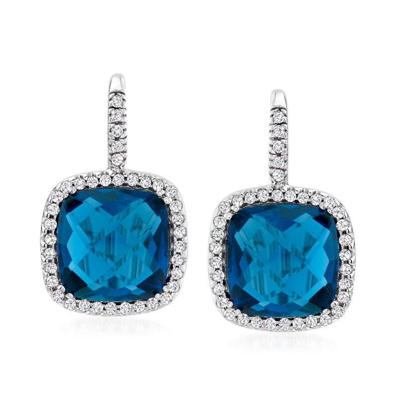 London blue topaz drop earrings in white gold with diamond halo and leverback hooks