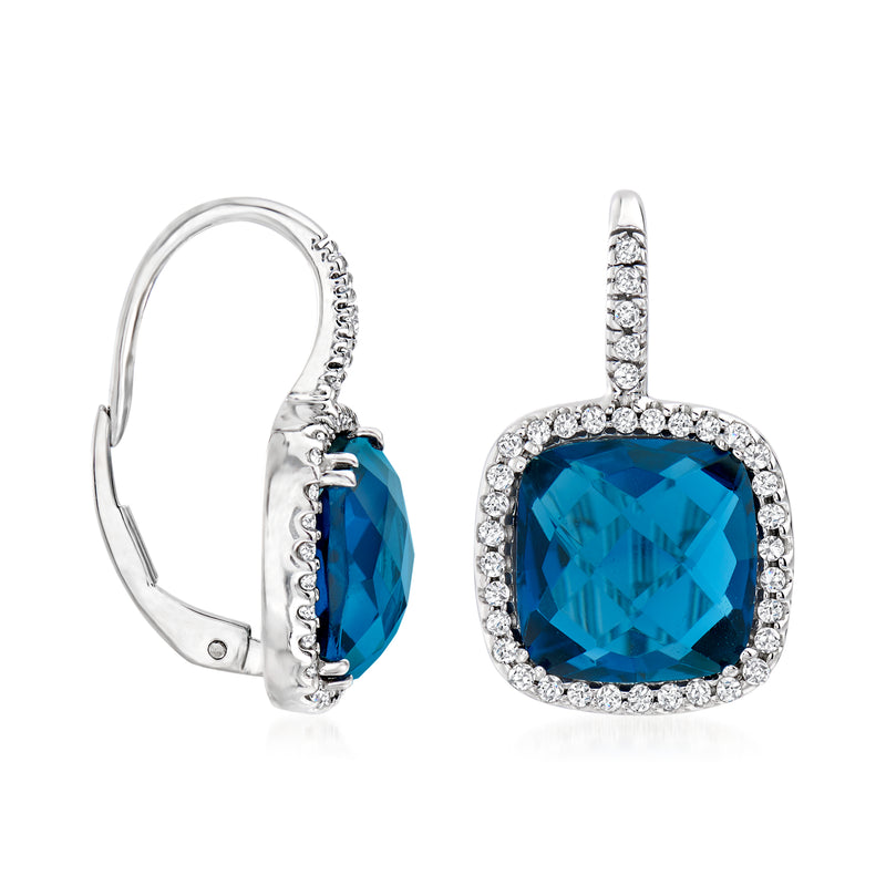 White gold leverback drop earrings with blue topaz center and diamond halo surround