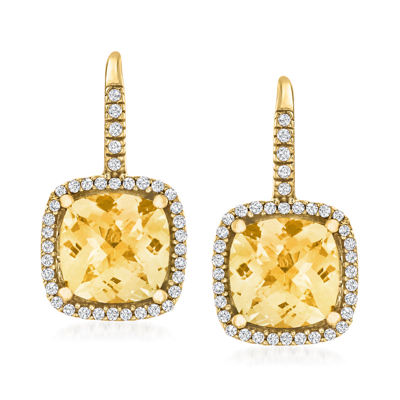 Citrine drop earrings in 14kt yellow gold with diamond halo