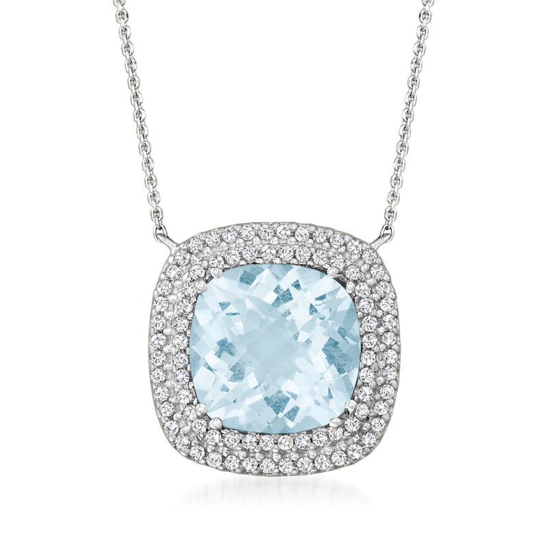 Aquamarine pendant necklace in 14kt white gold, oval blue stone with diamond halo